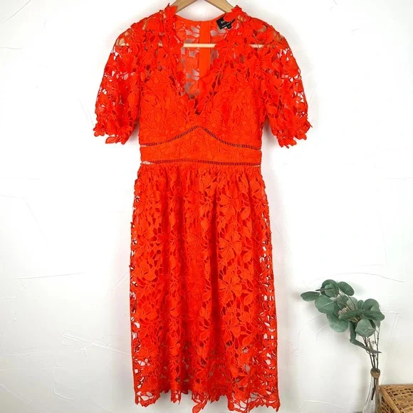 chinese dress ladies Petite Bardot Premium Lace Midi Dress in Red main image 1